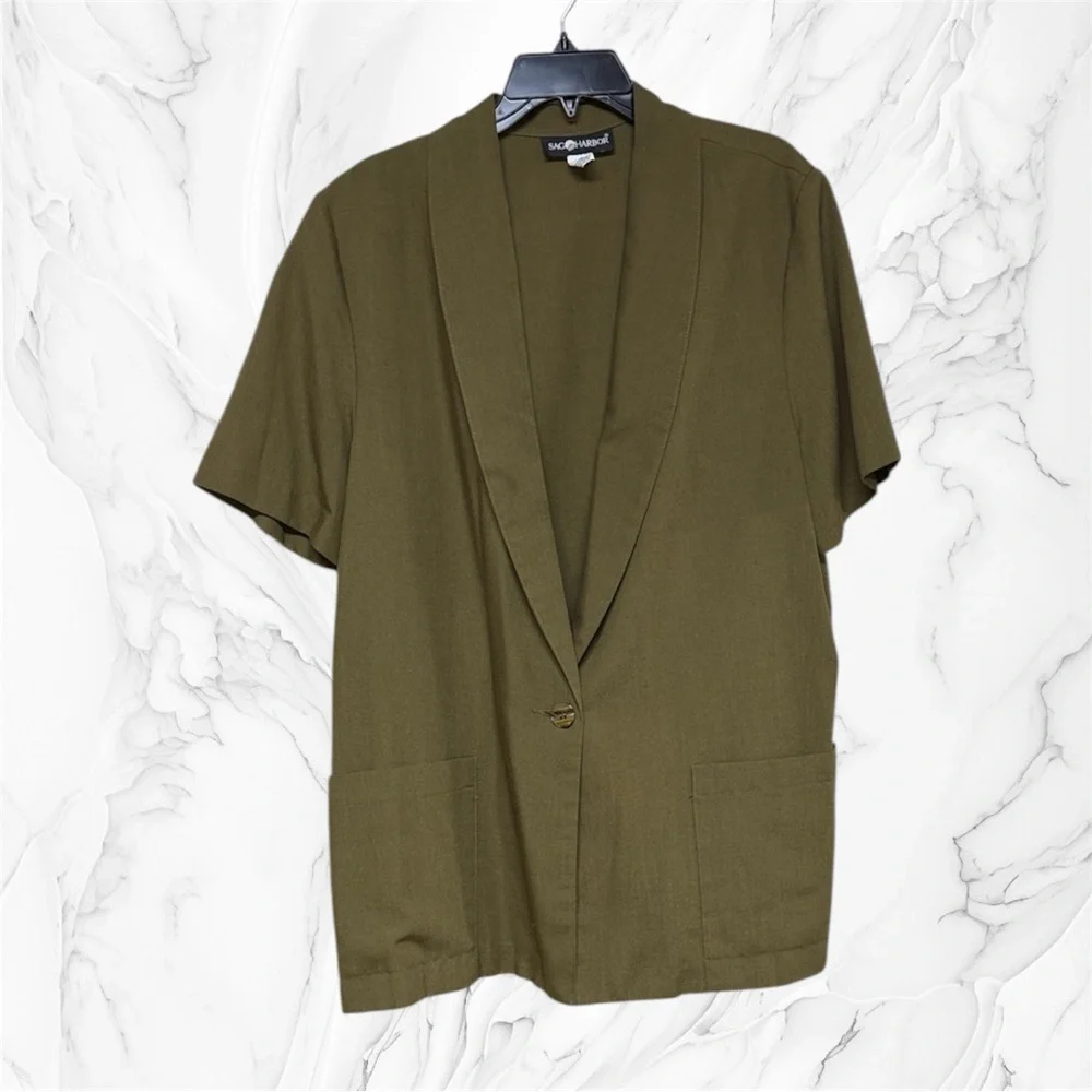 Vintage Sag Harbor Olive Green Short Sleeve blazer Jacket size 16